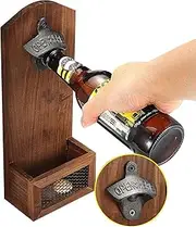 RRMMAN Wall Mounted Bottle Openers,Vintage Wooden Beer Bottle Opener,Wall Mounted Bottle Opener with Cap Catcher Bottle Opener with Cap Catcher，GIve Bar Gifts for Beer Lovers