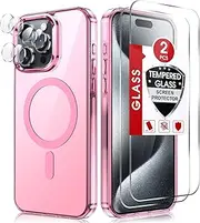 LeYi for iPhone-15-Pro-Max Case: [Competible with Magsafe] Support Magnetic Charging with 2 X Glass Screen Protection & 2 X Camera Lens Protector, Military-Grade para iPhone 15 Pro Max Case, Pink
