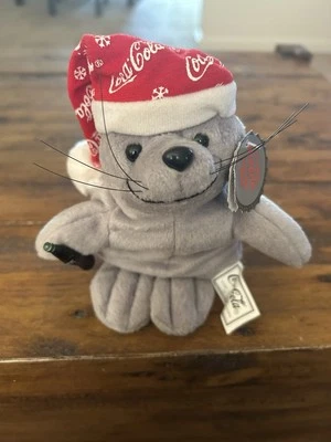 Vintage Coca-Cola 1997 Plush Seal With Christmas Santa Hat Holding Coke