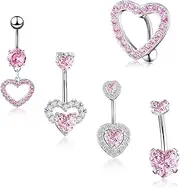 [LAXPICOL] 5Pcs Belly Button Bars, Stainless Steel Belly Button Piercing with white & Pink Gem ,14G 10mm Silver Belly Bar Pink Belly Bar, Internally Threadedr Belly Bar Body Piercing Jewelry-Style C,