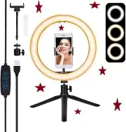 10in Ring Light with Stand and Phone Holder, 3 Color Modes & 10 Brightness Level