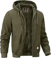 [BGOWATU] Men's Cotton Work Jacket Insulated Flannel Lined Full Zip Hoodies Active Winter Coat with Utility Pockets