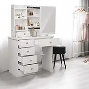 Modern Vanity Desk with Sliding Mirror Small Makeup Table with 6 Drawers & Open Shelves Bedroom Dressing Table and Writing Desk Combo White Bedroom Essential