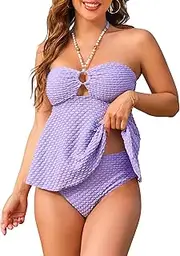 [Jolefille] Women Bandeau Swimsuit Two Piece - Tummy Control Bathing Suit Full Coverage High Waisted Bikini Sets Halter Teens, Purple, Medium