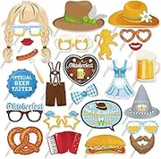 25Pcs The Munich Oktoberfest Photo Booth Props with Stick, German Oktoberfest Selfie Props, Wiesenbier Party Supplies,Sausage,Beer,Gold Dress,Leather Pants Theme Backdrop Decorations