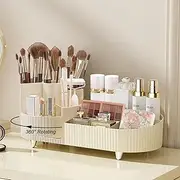 360°Rotating Makeup Organizer for Vanity - Countertop Cosmetic Storage Holder with Makeup Brush Holders Large Capacity Cosmetic Display Case（Cream）