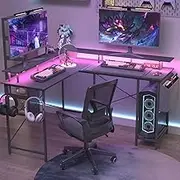 Ufurniture Black L Shaped Gaming Desk with LED Lights 136cm Home Office Computer Desk with Storage Bag Power Outlets Modern Study Table Writing Workstation for Living Room