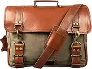 [Madosh] Genuine Brown Leather Canvas Laptop Men’s Briefcase Side Crossbody Office Shoulder Business Messenger Laptop Handbag for men, Brown, Medium
