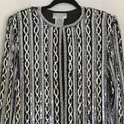 Adrianna Papell Womens Vintage Evening Sequin Beaded Jacket Small Silver Black