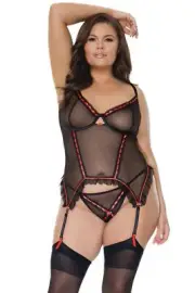 Coquette Valentine Plus Sheer Mesh Ruffle Hem Ribbon Bustier Black