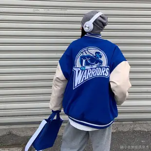 【春季新款nba外套】【熱賣款】冬季NBA美式復古勇士隊克萊因藍羽絨棒球情侶款加棉外套夾克