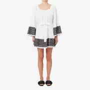 Seed Heritage Flared Sleeve White Sundress with Black Rickrack Trim and Slip - M