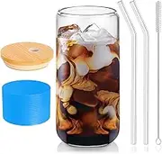DAMCONME Glass Cups with Lids and Straws 1Pcs, Iced Coffee Cup with Lid, Smoothie Cup, Cocktail Glasses for Whiskey, Soda, Matcha, Juice – 20 Oz with Bamboo Lid, 2 Straws, 1 Brush, Blue