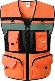 RCKEY High Visibility Reflective Safety Vest Zip Pocket Security Waistcoats Mesh Lining Breathable, Skin-Friendly and wear-Resistant M Size Fluorescent Red