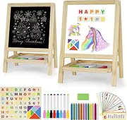 Kids Tabletop Double-Sided Wooden Art Easel - Chalkboard & Whiteboard Painting Board for Toddlers, Dry-Erase Classroom Desk Easel with Chalk, Markers, Eraser, Magnetic Letters/Numbers & Flashcards