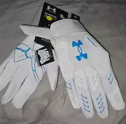 UNDER ARMOUR UA F9 NITRO FOOTBALL GLOVES #1381942 100 WHITE WITH BLUE GRIP LARGE