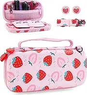 HYPERCASE Pink Strawberry Carrying Case for Nintendo Switch Lite, Shockproof Protective Hard Travel Shell for Switch Console with 8 Game Card Slots, Adjustable Shoulder Strap and 2 Cute Thumb Caps.