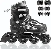 Size Adjustable Inline Skates with Protective Equipment for Children (4-12 Years) - Light Wheels, Beginner Friendly, Indoor/Outdoor Suitable for Boys & Girls, Black/Silver