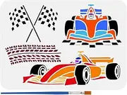 FINGERINSPIRE Racing Car Stencil with Brush 21 x 29.7 cm Formula Racing Car Large Stencil Racing Flag Painting Stencil Tyre Track Stencil Transport Drawing Stencil for Wall Tiles