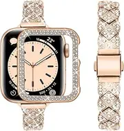 wutwuk Compatible with Apple Watch Band 41mm 40mm 45mm 44mm Rose Gold Ladies for Apple Watch Series SE 9 8 7 6 5 4 with PC Case with Rhinestones Diamond Frame Protective Cover Glitter