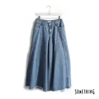 在飛比找momo購物網優惠-【SOMETHING】女裝 剪接寬版牛仔褲(中古藍)