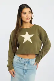 Green Star Knit Jumper Long Sleeve - Size 12M, Women's Crop Knitted
