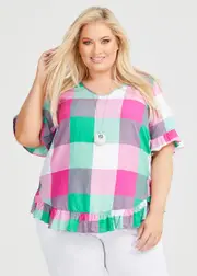 [TS] Taking Shape Salsa Check Linen Bamboo Top Size 14 in Pink / Green Check - Plus Size Women's Clothing Pink / Green Check