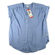 Orvis Womens M Light Blue Rayon Short Sleeve Button Front V-Neck Blouse Top NWT