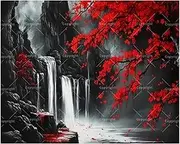 Landscape Paint by Numbers Kit for Adults - DIY Red Maple Leaves and Waterfalls Painting on Canvas 16x20 Inches, Acrylic Paint Set,Suitable for Beginners,Nature Art for Home Decoration/Gifts