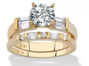 ROUND CZ BAGUETTE WEDDING 2 RING SET 10K YELLOW GOLD 6 7 8 9 10