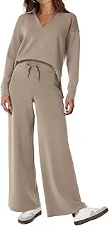 [Generic] Casual Womens Two Piece Long Sleeve Wide Leg Pants Lounge Set Loose Fit Pant Sets Sweatsuits Polo Top Drawstring Tracksuit New