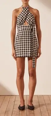New $280 SHONA JOY Aimee Linen Check Plaid Gingham Cross Over Dress Sz 8 #35981