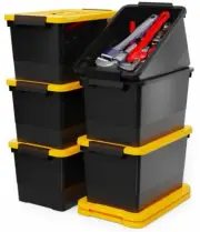 17 Quart Stackable Plastic Storage Bins with Yellow Lids, 6 Pack Black Contai...