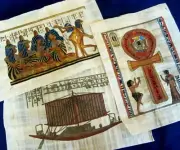 LOT OF 3 HAND-PAINTED EGYPTIAN PAPYRUS--ANKH, BARGE, WOMEN