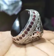 Big Agate Stone Ring Real Red Ruby Around Agate Stone Heavy Sterling Silver Ring