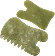 2pcs Natural Jade Facial Scraping Tool Set Massage Comb Handheld Body Massager Jade Tool