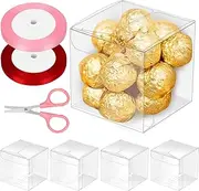 Glarks 33pcs 3 x 3 x 3in Clear Favor Boxes Set Plastic Small Gift Boxes Transparent Cube Treat Boxes with 0.4in x 74ft Ribbons and Scissors for Wedding Baby Shower Birthday Party Favor