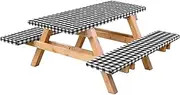 3PCS Waterproof Picnic Table Covers with Elastic, 6ft Checkered Tablecloth & Bench Covers for Camping, Indoor/Outdoor, Black/White Flannel Backing