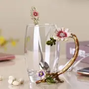 Enamel Sunflower Crystal Lead-Free Glass Tea Cup with Spoon Set