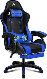 ALFORDSON Blue Office Chair with Recline, Ergonomic Swivel Computer Gaming Chair with Massage Lumbar Cushion and Footrest, Leather Home Desk Chair with Armrest Headrest