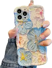UEEBAI Case for iPhone 13 Pro 6.1 inch, Colorful Retro Oil Painting Flower Case Pretty Glossy Pattern Wave Case Cute Sparkly Floral Curly Cover Stylish Soft Case for Women and Girl - Blue White