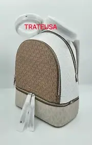 NWT Michael Kors Rhea Zip Medium Color-Block Logo Backpack Driftwood Multi $298