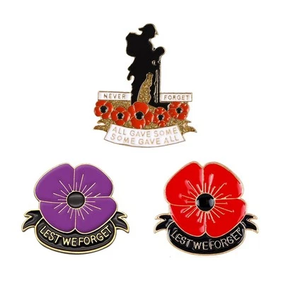 3Pcs Never Forget Red Poppy Pin Brooch and Lest We Forget Enamel Poppy Brooches