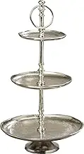 Old World Grand Hotel Cake Stand, 3 Tiers, Decorative, Polished Silver Aluminum, Loose Scallop Rim, Artisan Finish, Luxurious Style, Pedestal Base, Over 1 1/2 Ft Tall (19 Inches)