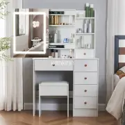 Dressing Table Desk White Vanity Table Set with LED 3 Light Modes Mirror + Stool