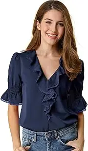 [Allegra K] Women's Ruffle V Neck Half Bell Sleeve Blouse Summer Vintage Casual Chiffon Peasant Top