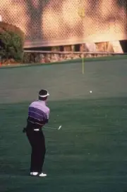 Golf The Masters Larry Mize in action making chip on No 11 and win- Old Photo