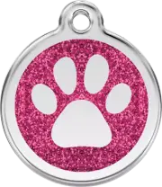 Red Dingo Glitter Paw Print Tag Hot Pink - Lifetime Guarantee - Cat, Dog, Pet ID