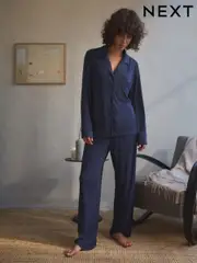 Navy Ribbed Button Through Pyjamas (B61540) | $35
