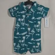 Boy's Carter's Baby Palm Tree Print Collared Button Front Romper - Teal -9M- NWT